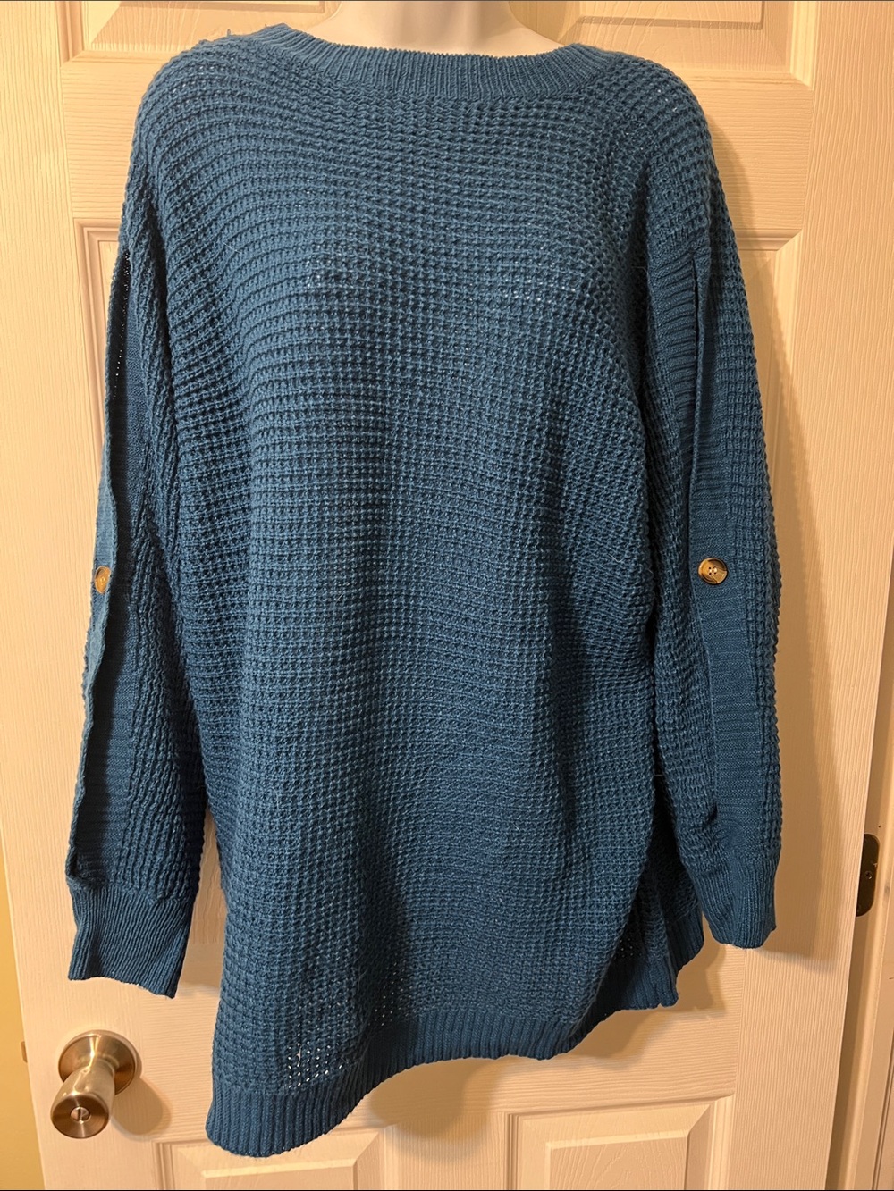SHEIN Teal Blue Waffle Knit Long Sleeve Sweater